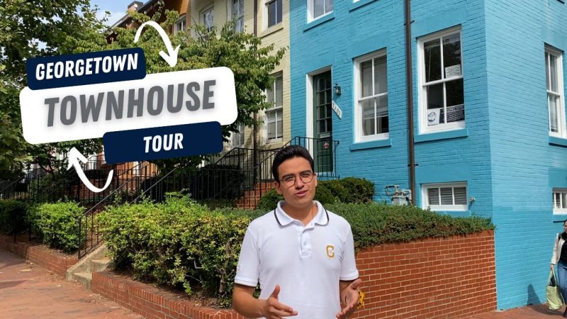 YouTube Dorm Tour Thumbnail with Student talking in front of Rowhome