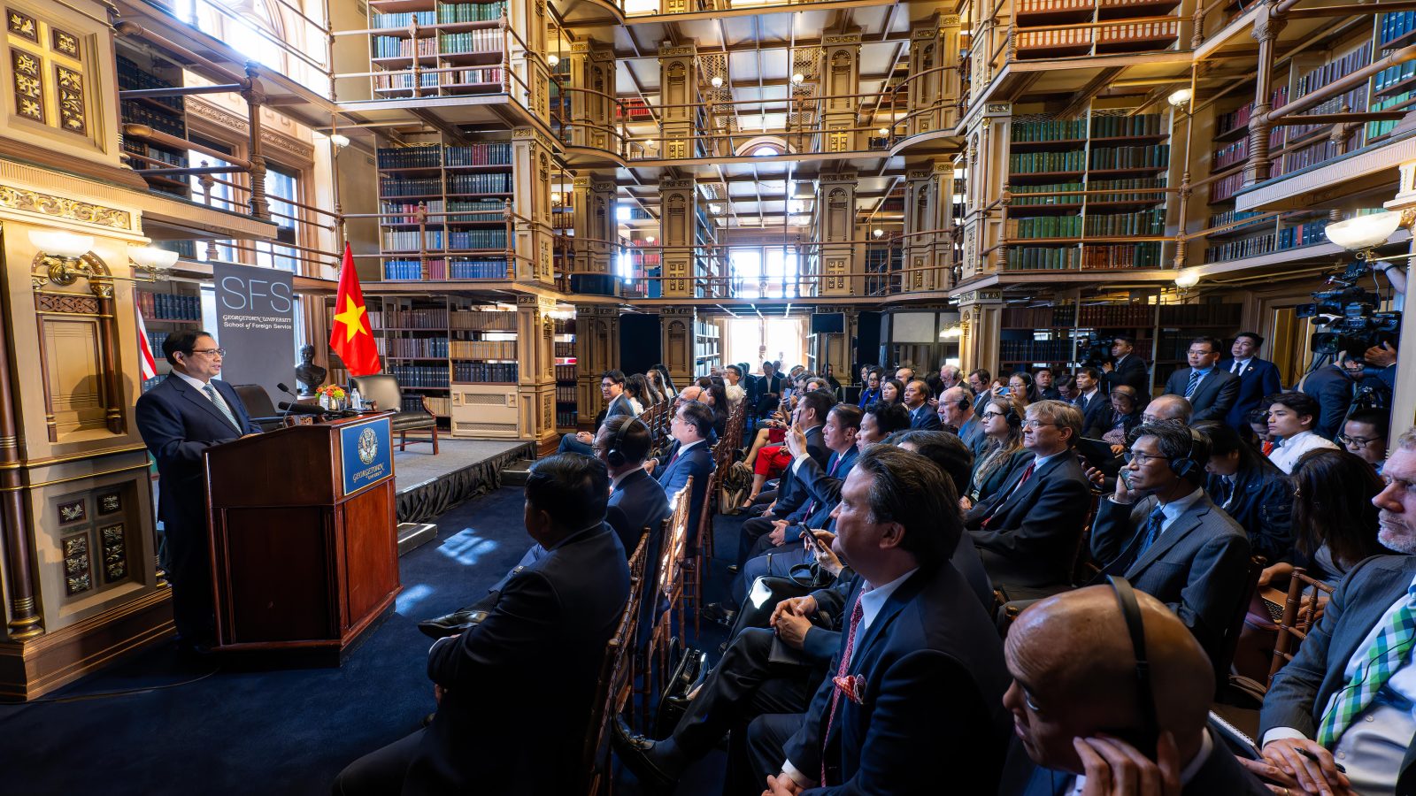 The prime minister of Vietnam addresses the Georgetown community inside the university&#039;s Riggs Library.