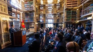 The prime minister of Vietnam addresses the Georgetown community inside the university&#039;s Riggs Library.