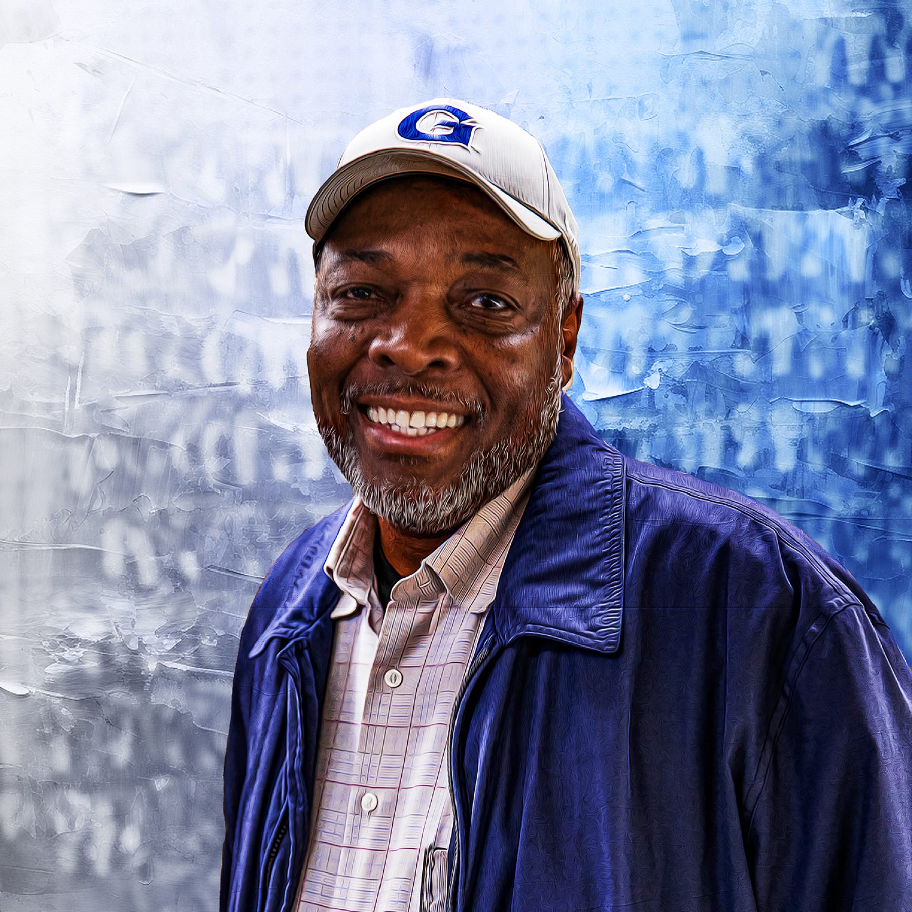 A graphical representation of a photograph of Al Brown, a facilities manager at Georgetown, wearing a white cap for a G on it and a blue jacket and white collared shirt.
