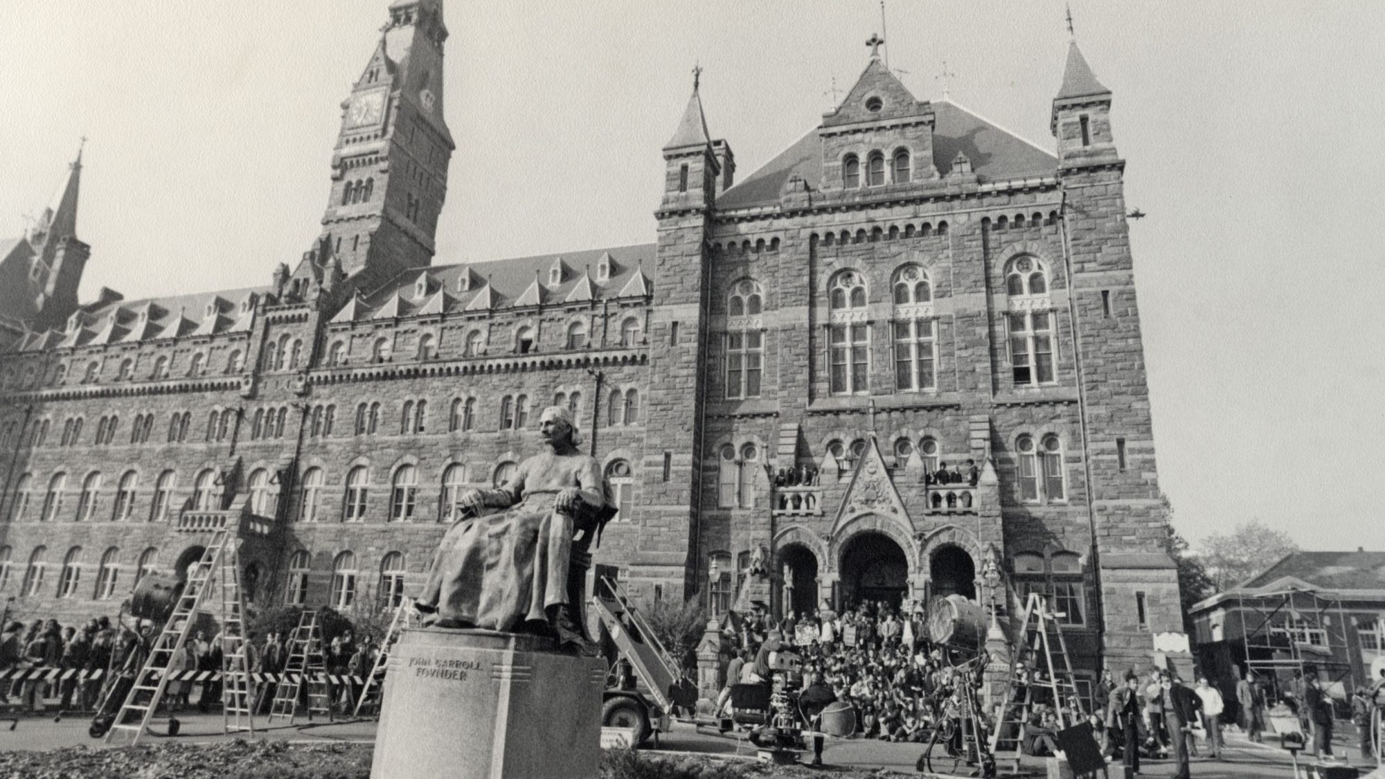 Black and white image of Healy Hall during Exorcist filming