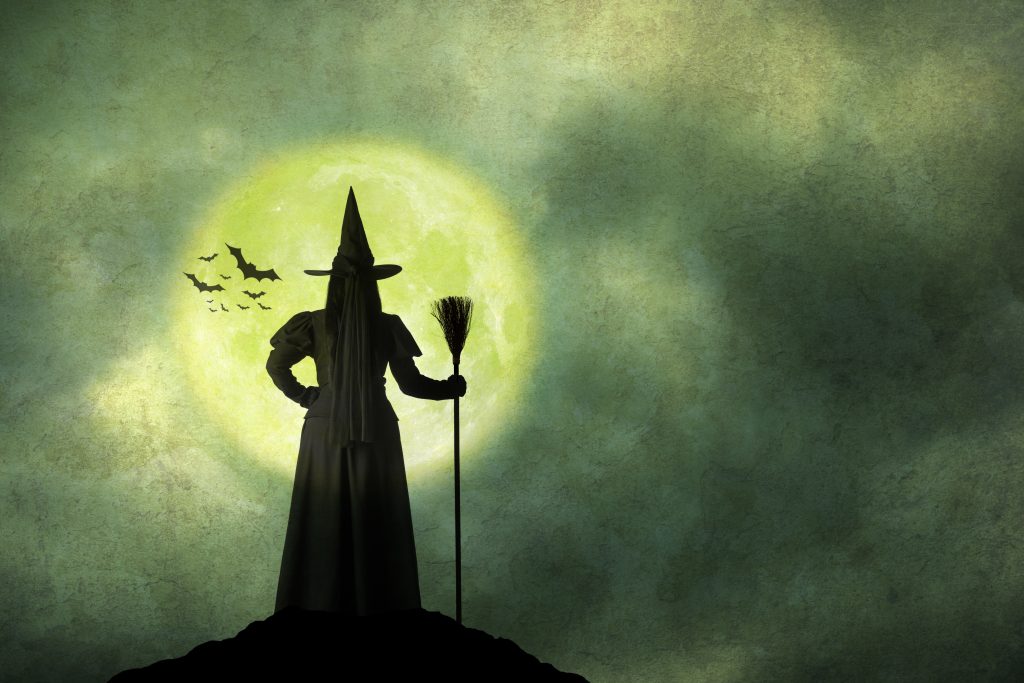 Illustration of witch in a witch hat and broomstick with full moon background