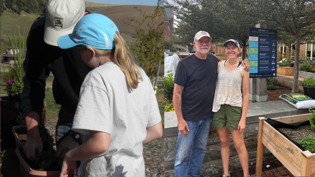 (Left photo) Gresch grew up in a farming region of Idaho and farmed in her family's garden with her dad. (Right photo) He recently came to visit her in the Hoya Harvest Garden.