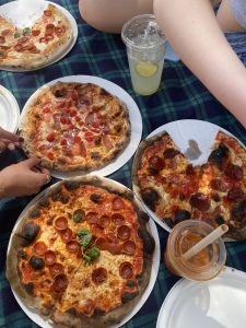 view of 3 uneaten pizzas on a picnic blanket
