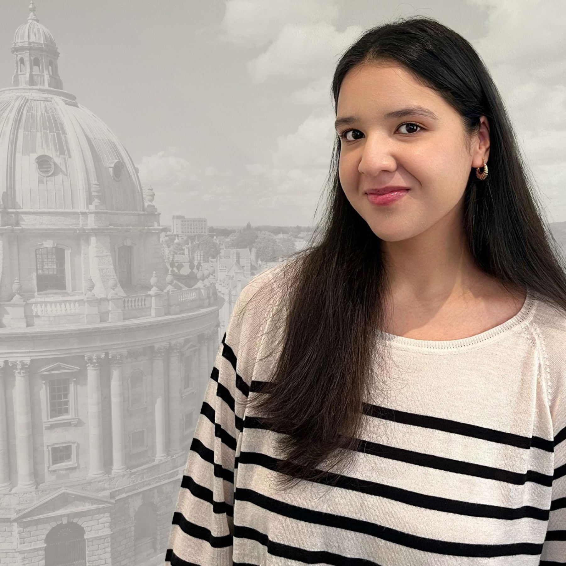 A headshot of Asma Shakeel, a 2024 Rhodes winner, superimposed over a faded background of a building at the University of Oxford.