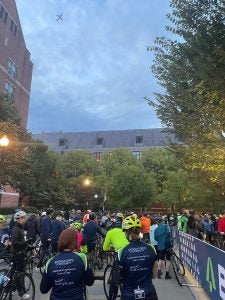 Bikers line up for their race early in the morning