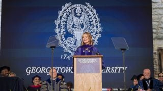 Georgetown Law&#039;s 2023 commencement speaker, Savannah Guthrie, speaks on stage.