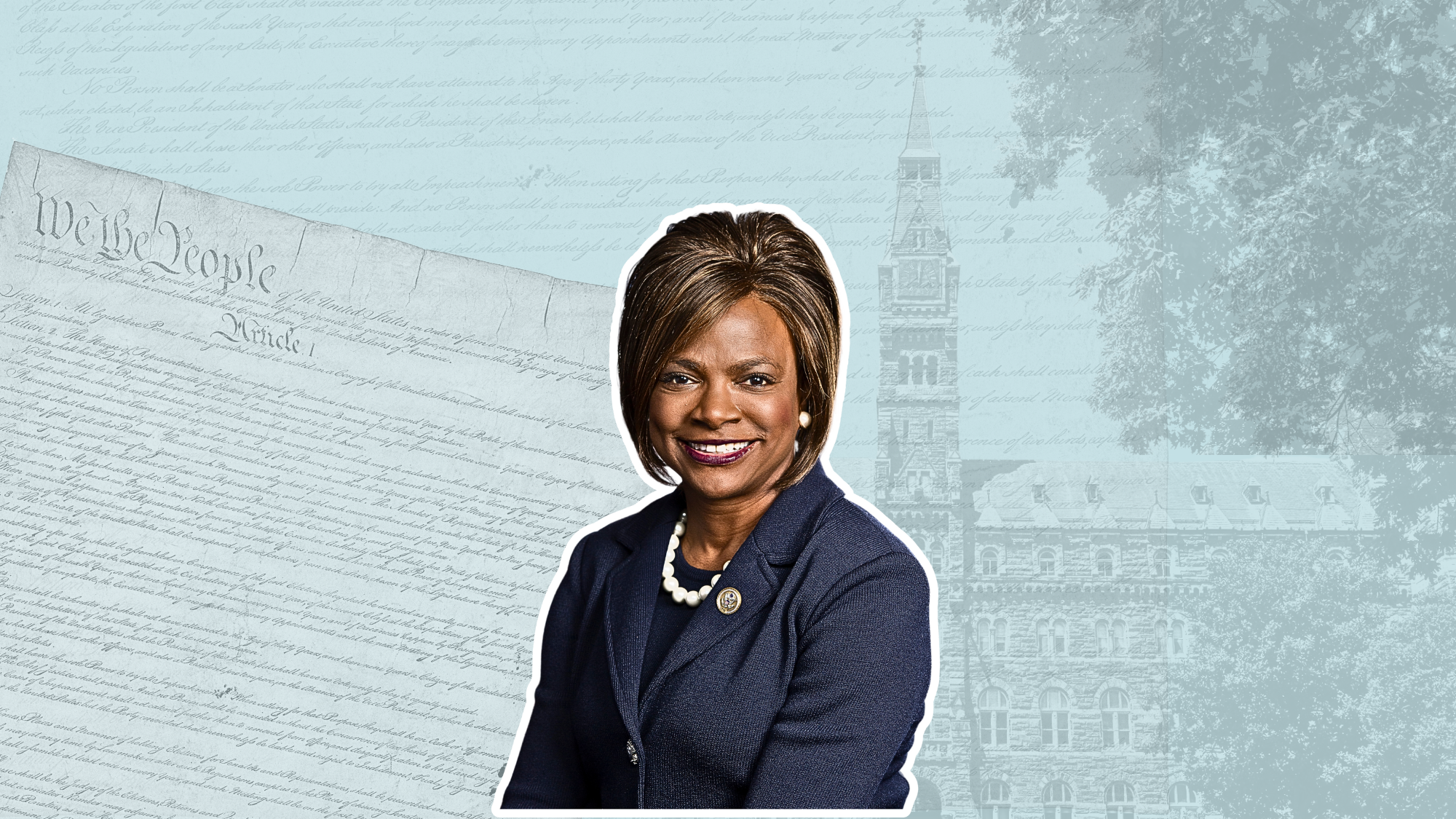 Stylized blue graphic with Val Demings&#039; headshot.