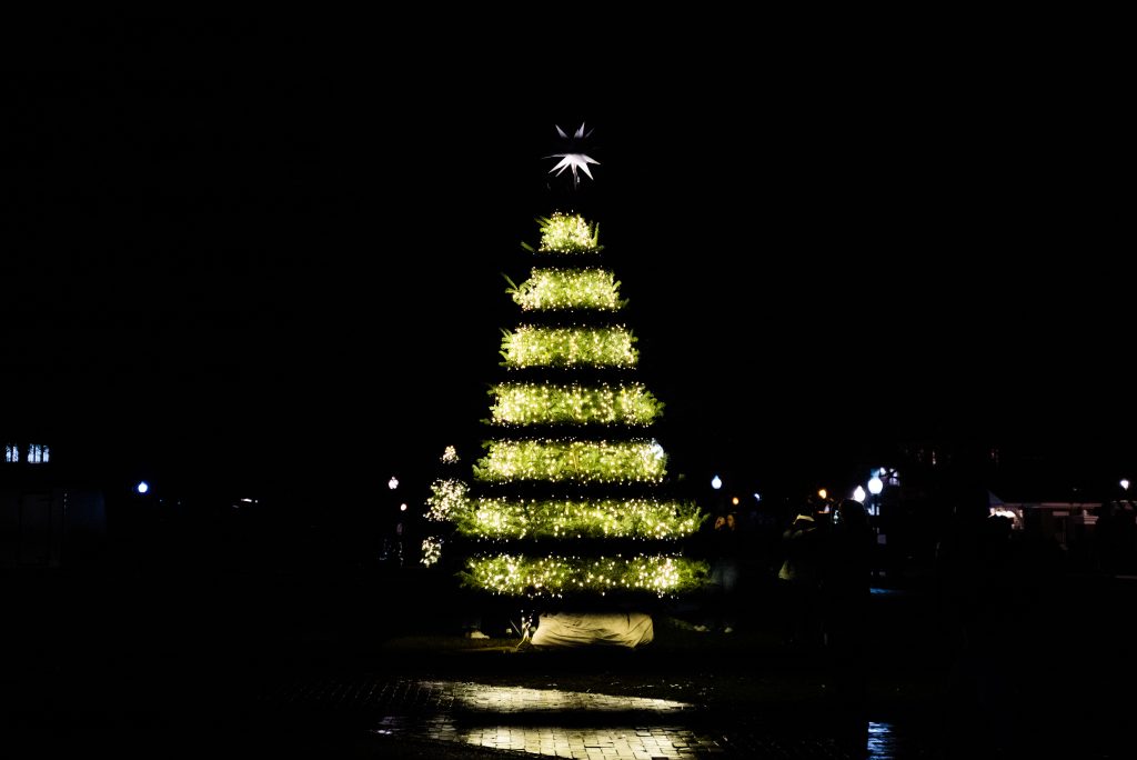 Christmas tree lit up at night