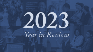 A blue graphic with &quot;2023&quot; over the top of photos from the McDonough School of Business.