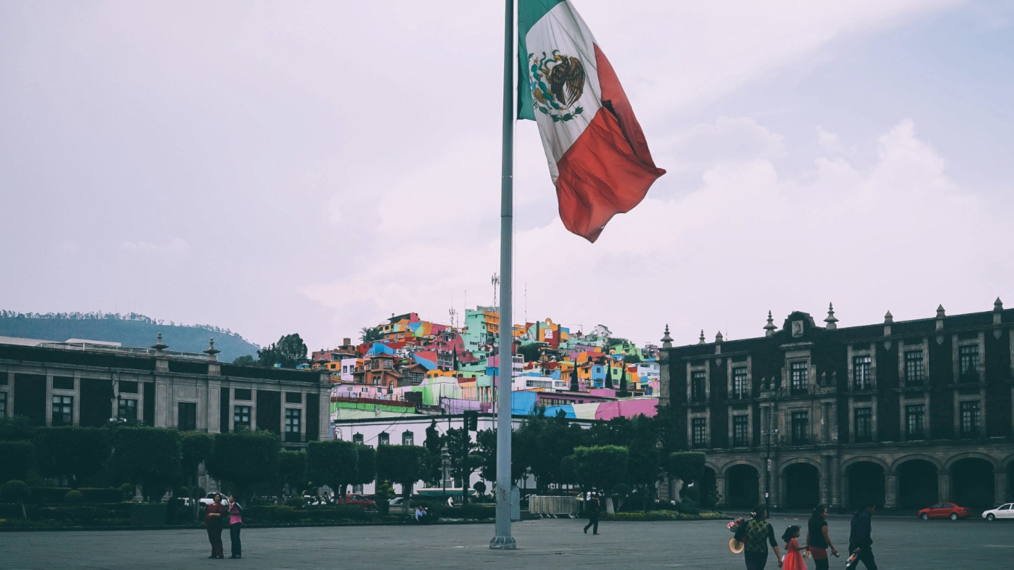 Plaza with a Mexican flag