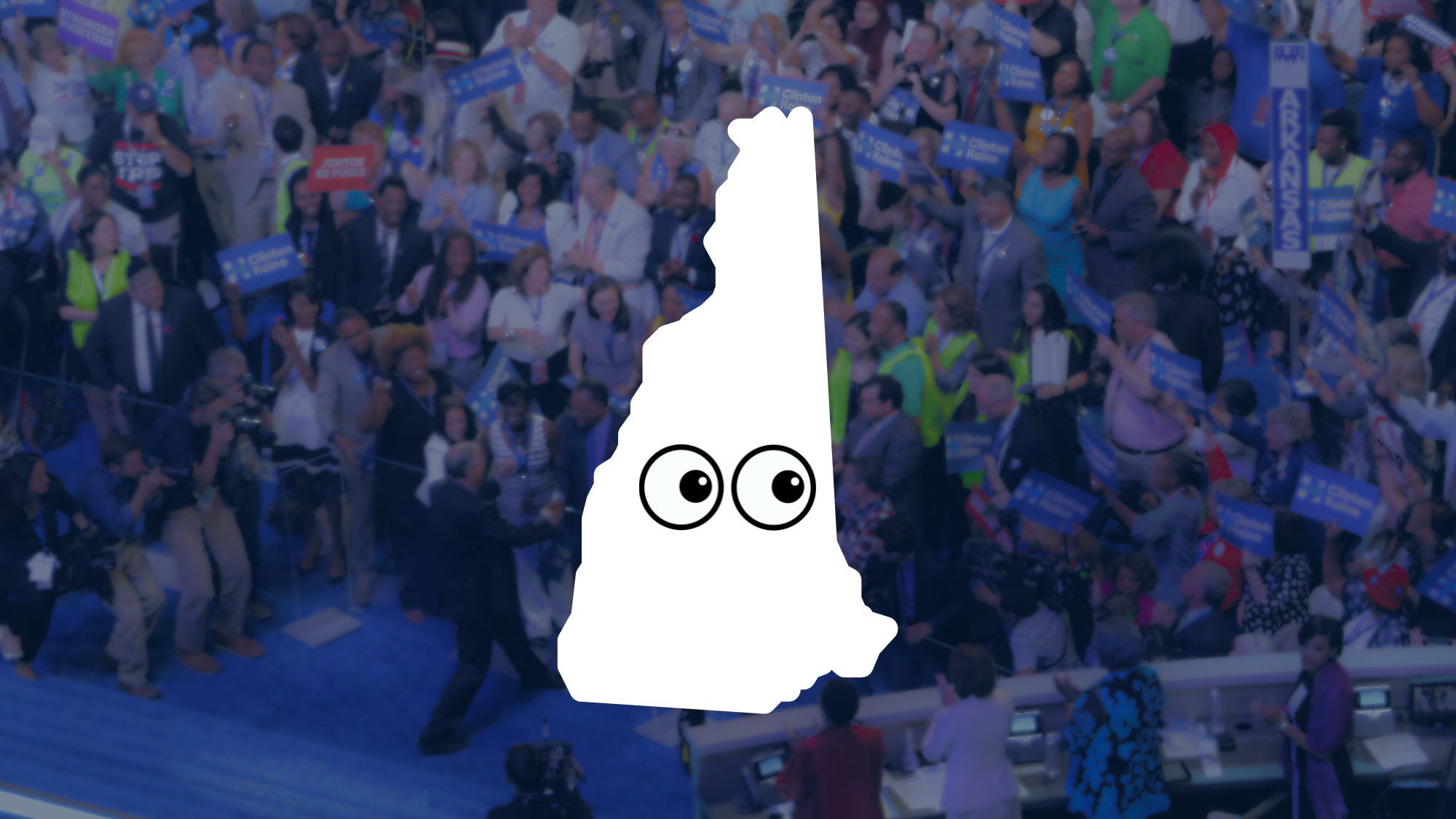 Graphic including state of New Hampshire with googly eyes, imposed over crowd shot.