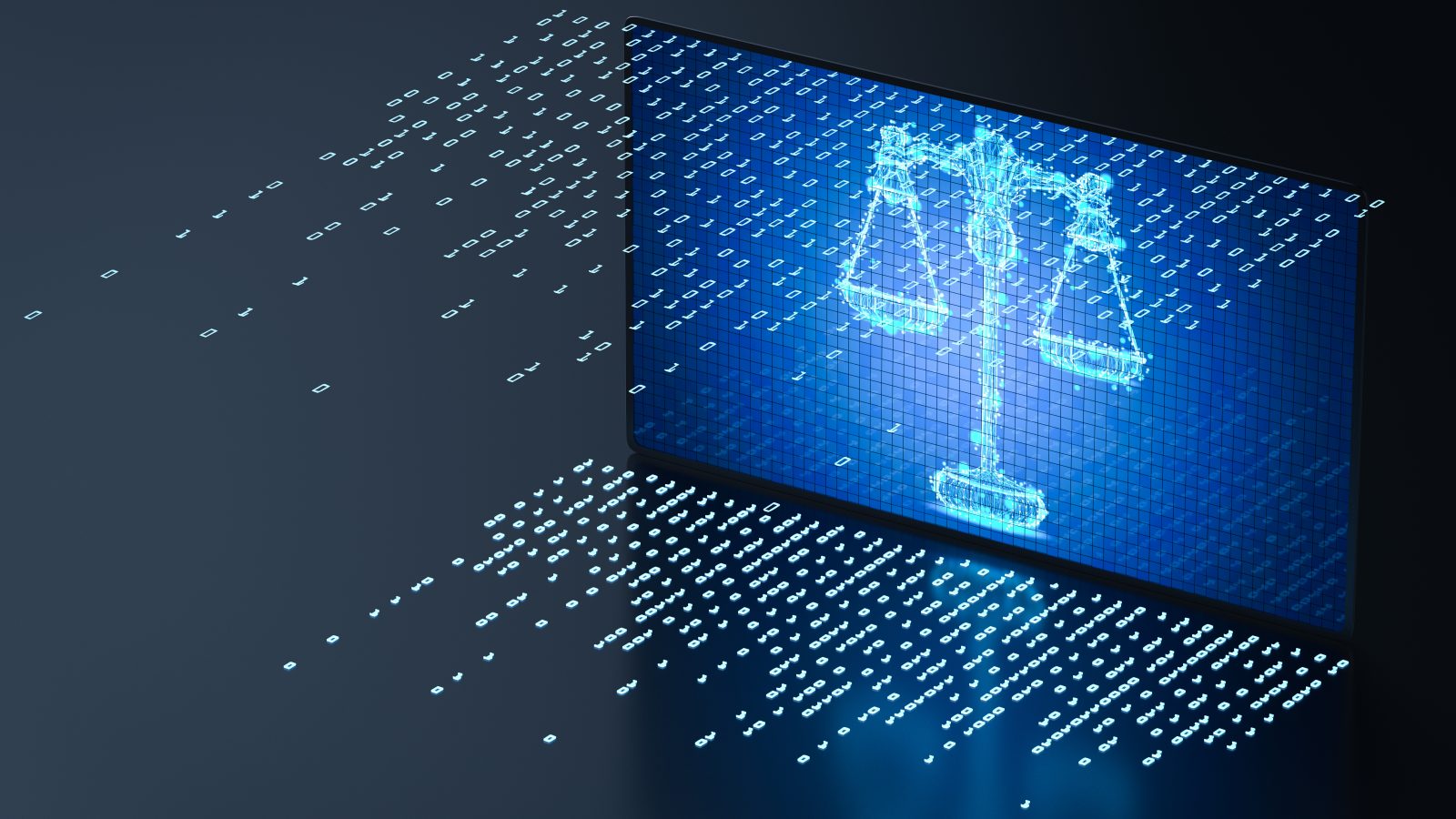 A 3D rendering of a digital screen display with a scale to illustrate a cyber law concept.