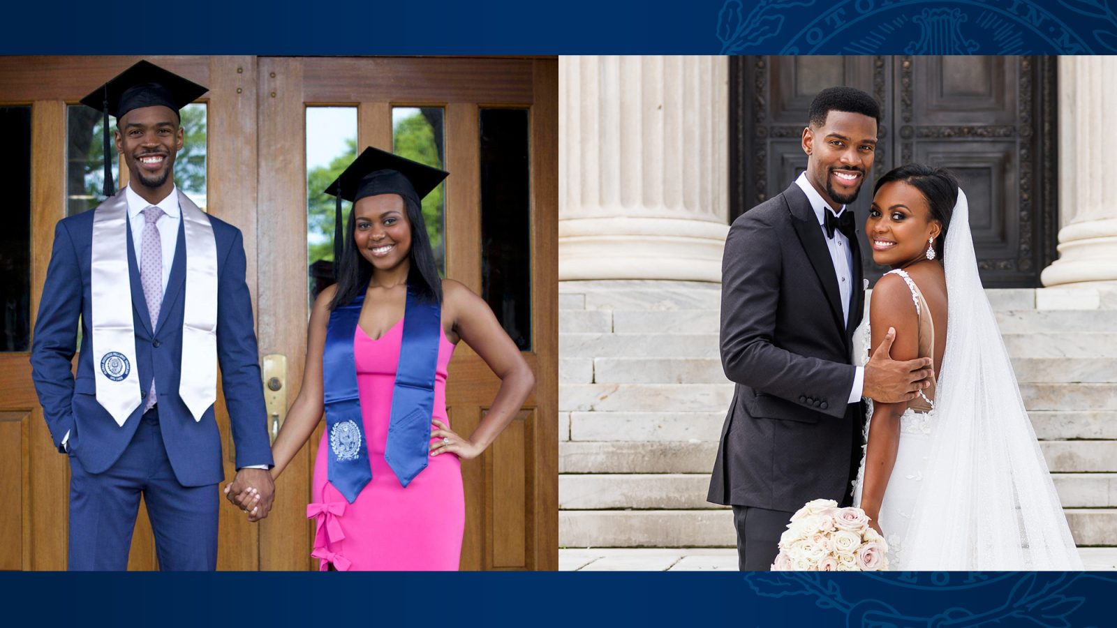 A Black couple stands outside Healy Hall in graduation caps on the left, and on the right, pose on steps on their wedding day.