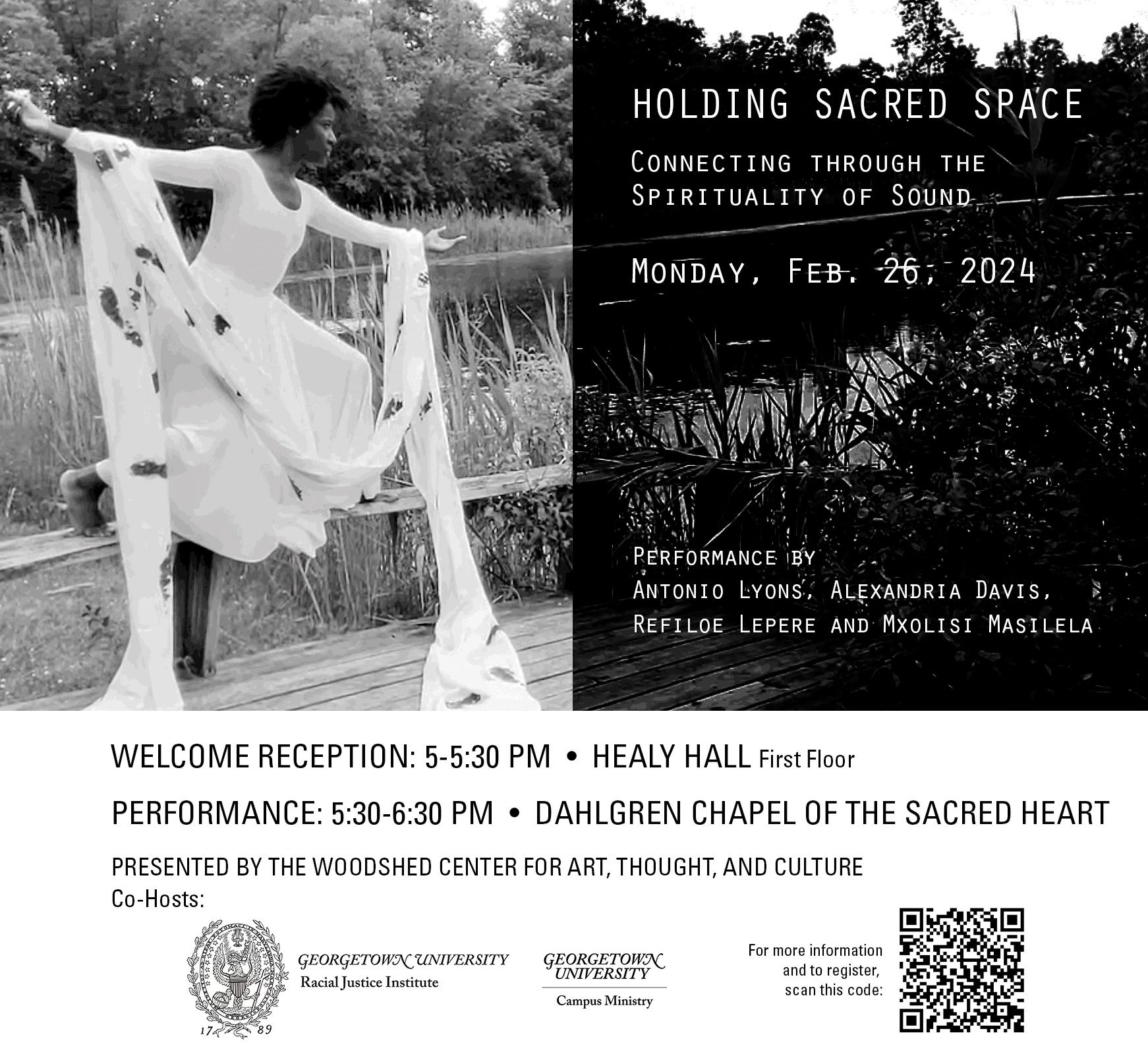 Graphic with woman dressed in white, in front of tall grass, with text: "Holding Sacred Space: Connecting through the Spirituality of Sound; Performance by Antonio Lyons, Alexandria Davis, Refiloe Lepere and Mxolise Masilela."