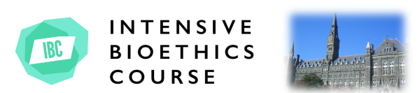 Graphic featuring image of Healy Hall and Intensive Bioethics Course logo.