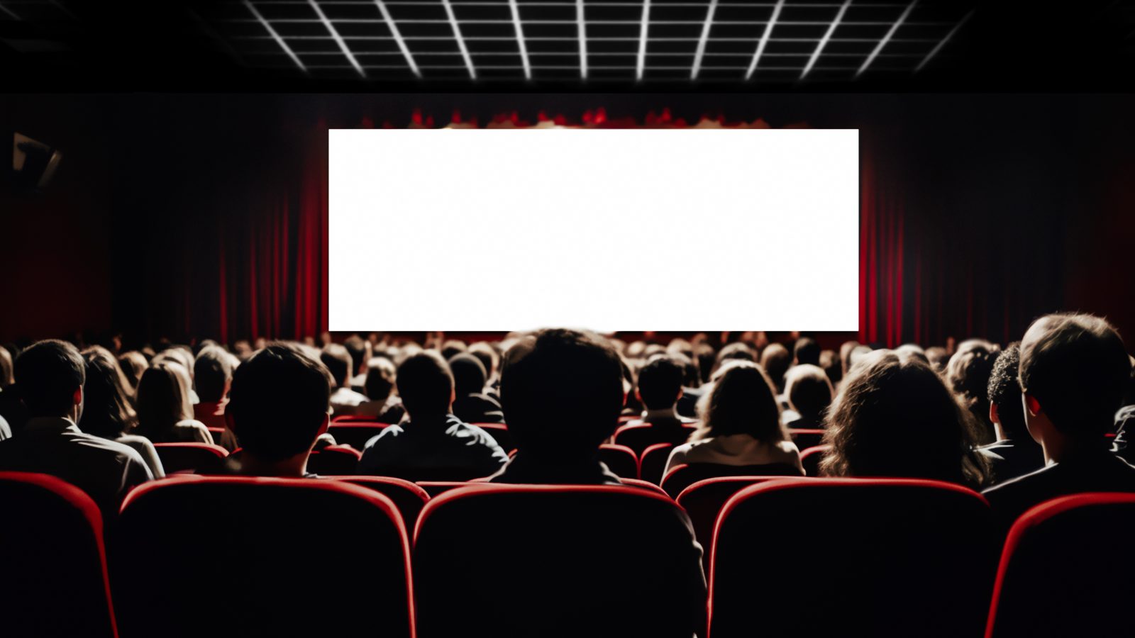 A dark movie theater filled with people looking at a white screen.