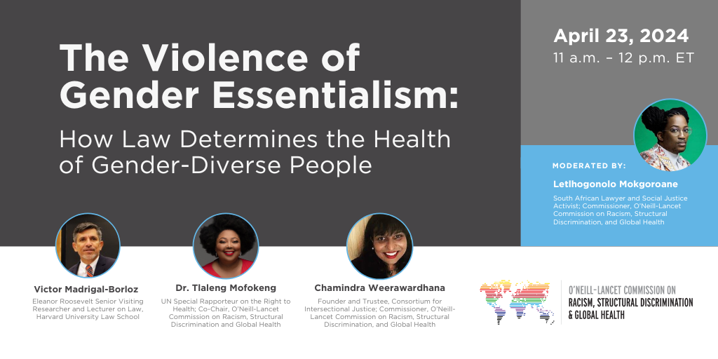 Promotional graphic for April 23 webinar, "The Violence of Gender Essentialism: How Law Determines the Health of Gender-Diverse People"