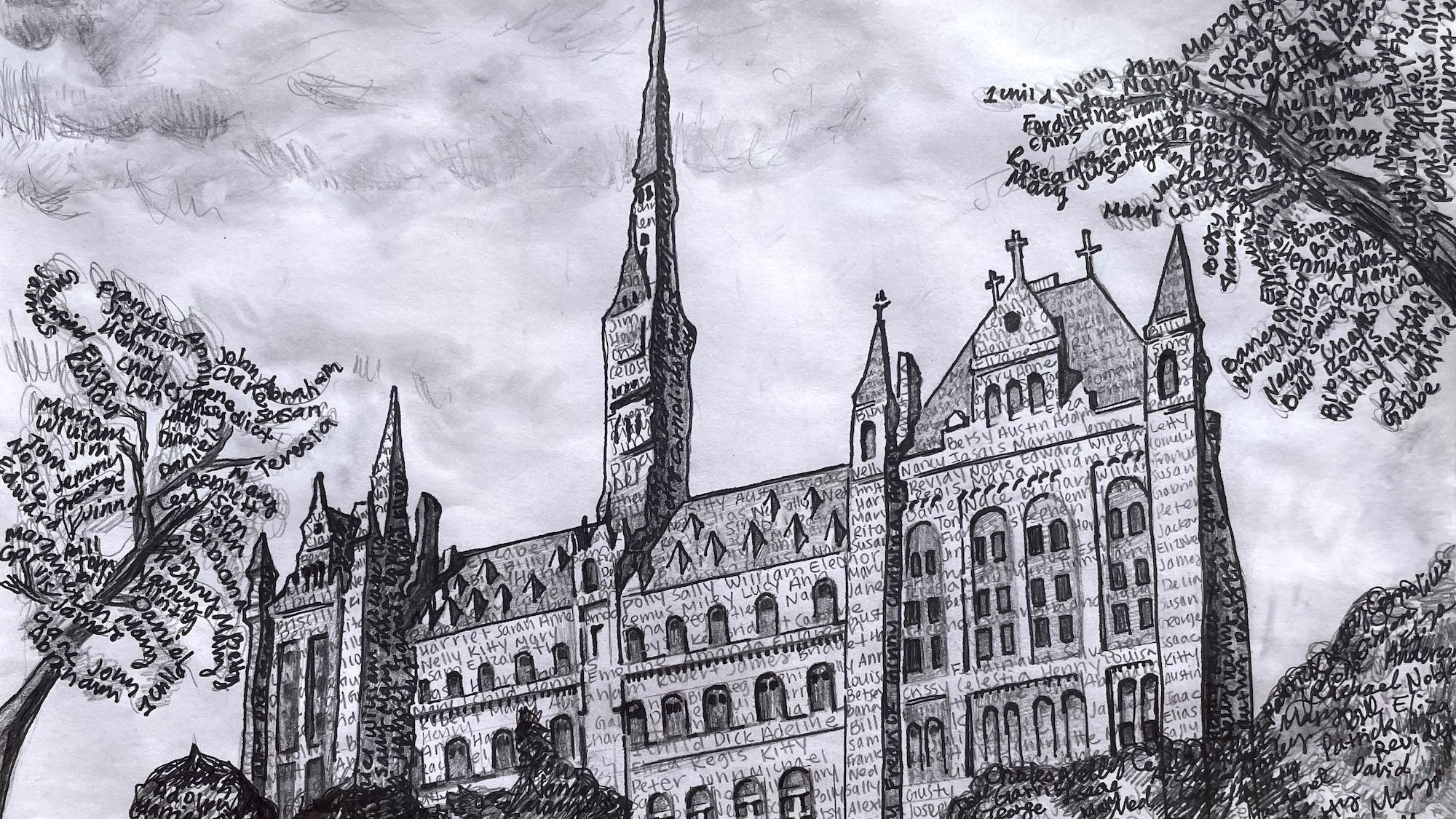 Black and white drawing of Healy Hall