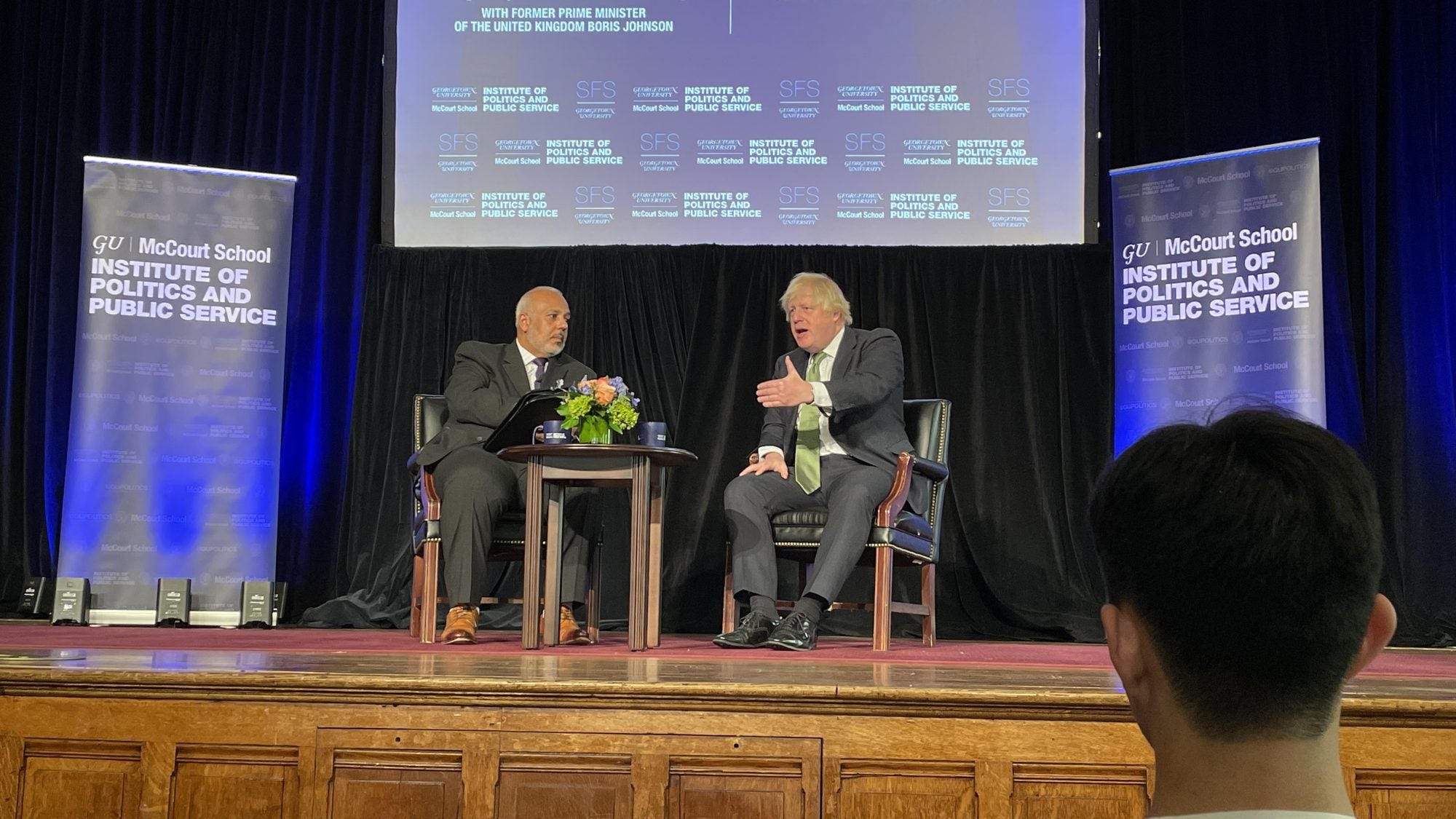 Boris Johnson discusses democracy on stage at Gaston Hall