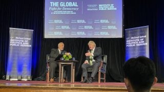 Boris Johnson discusses democracy on stage at Gaston Hall