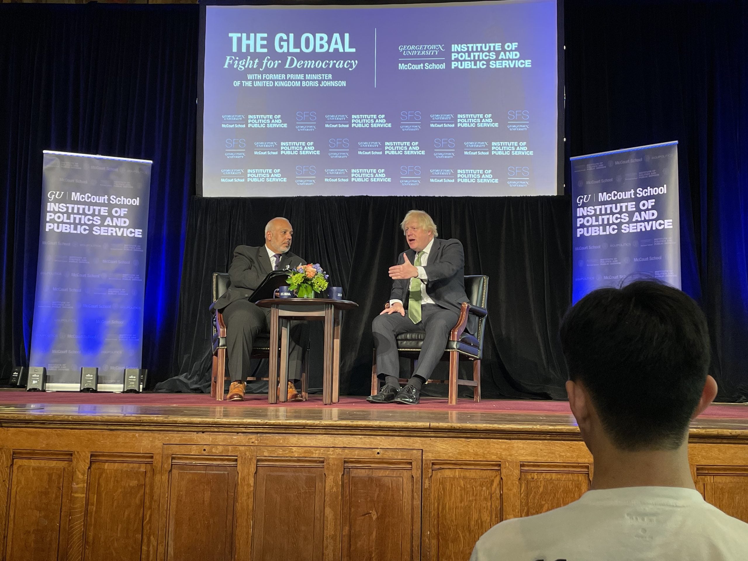 Boris Johnson discusses democracy on stage at Gaston Hall