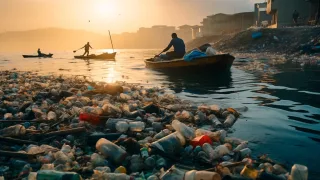 A man paddles in a boat past a floating pile of garbage.