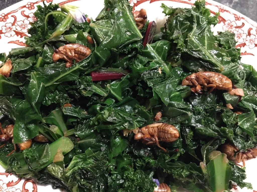 Leafy greens with cicadas