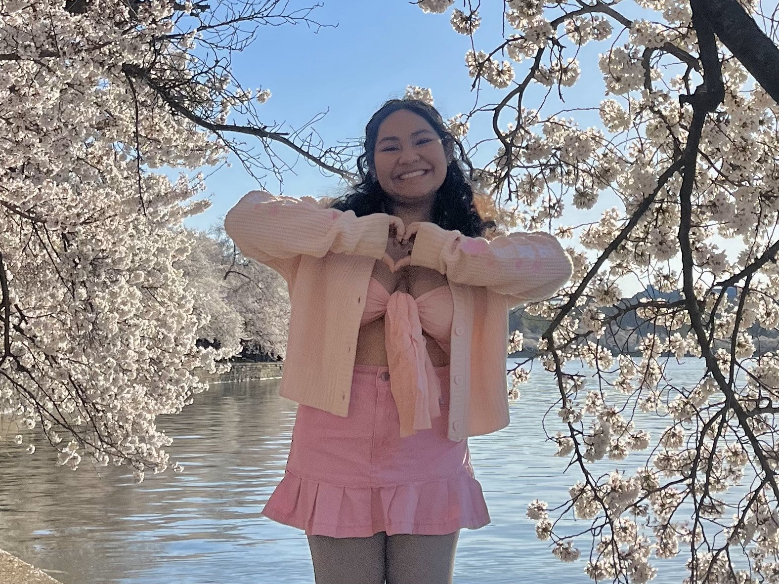 Mara in a pink outfit at the cherry blossoms in DC