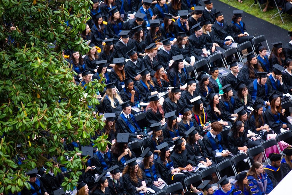 Overhead shot of students in cap and gown