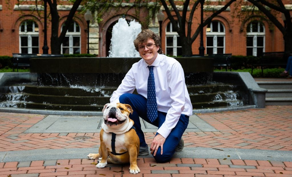 Tony with Jack the Bulldog on Dahlgren Quad