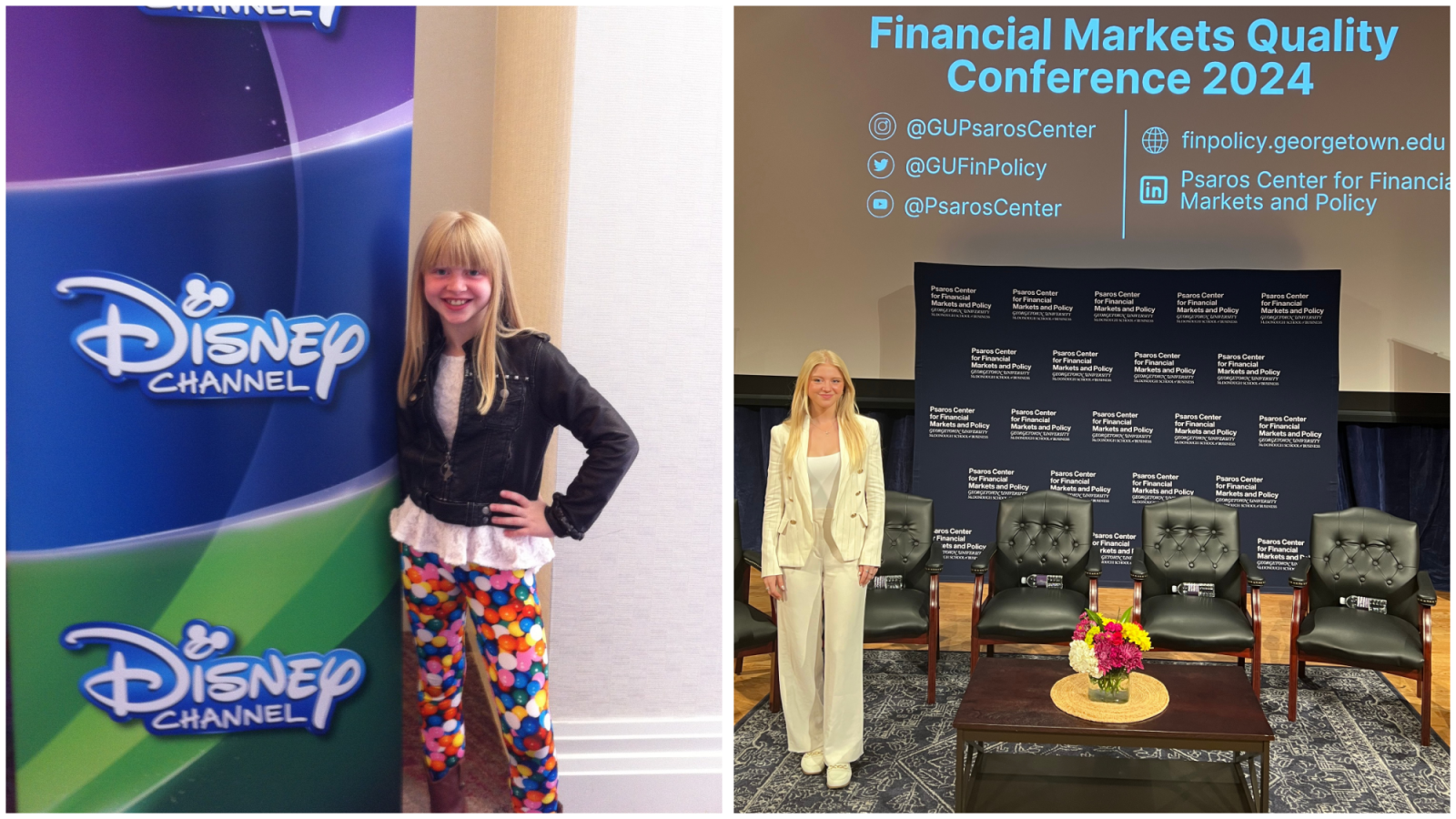 Two side-by-side pictures of a child actress posing with a Disney sign and a college student posing with a Georgetown backdrop