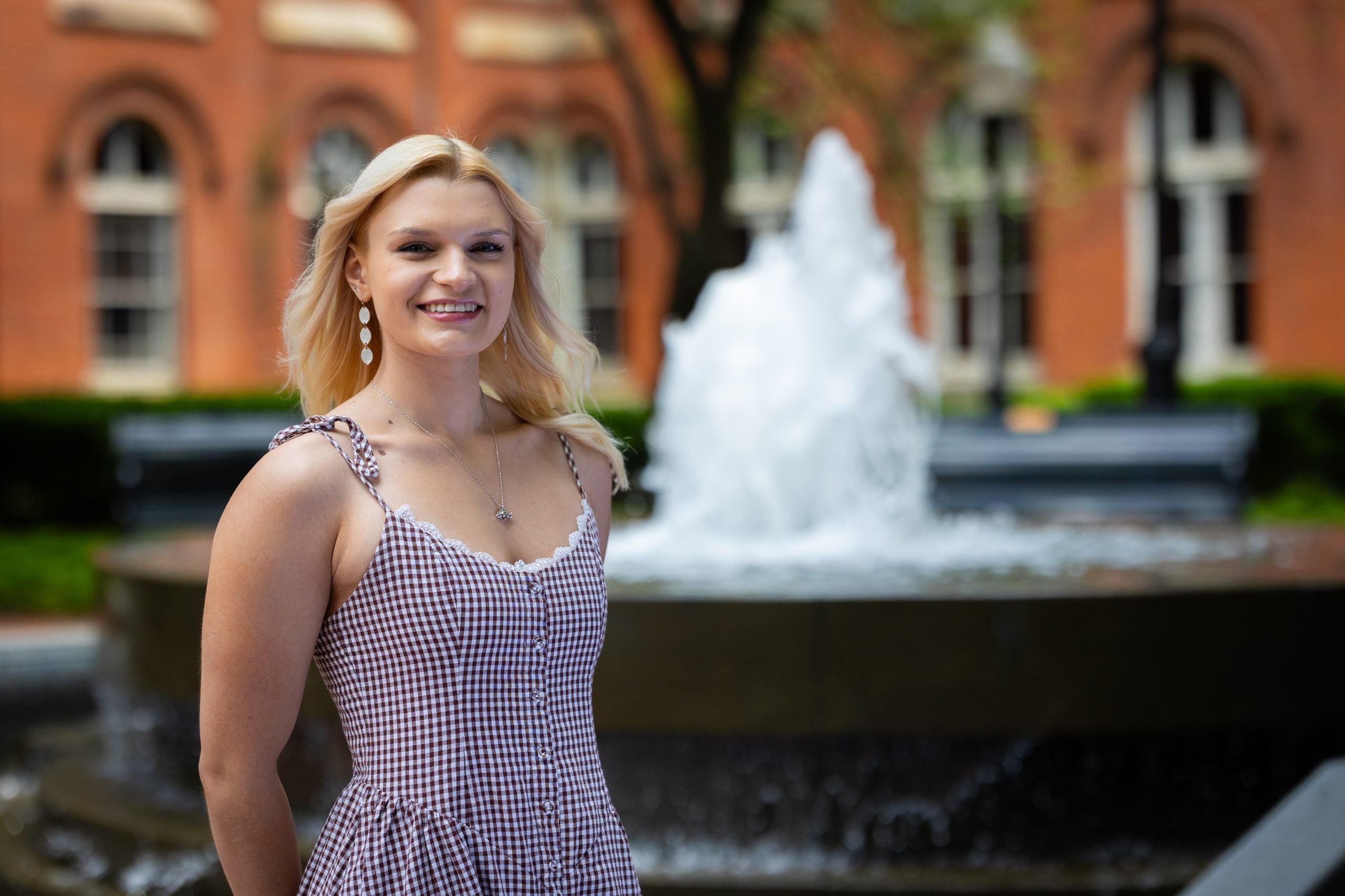 Lisa in a dress in Dahlgren Quad