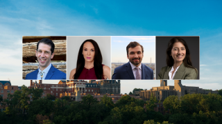 Headshots of four alumni above the Georgetown skyline