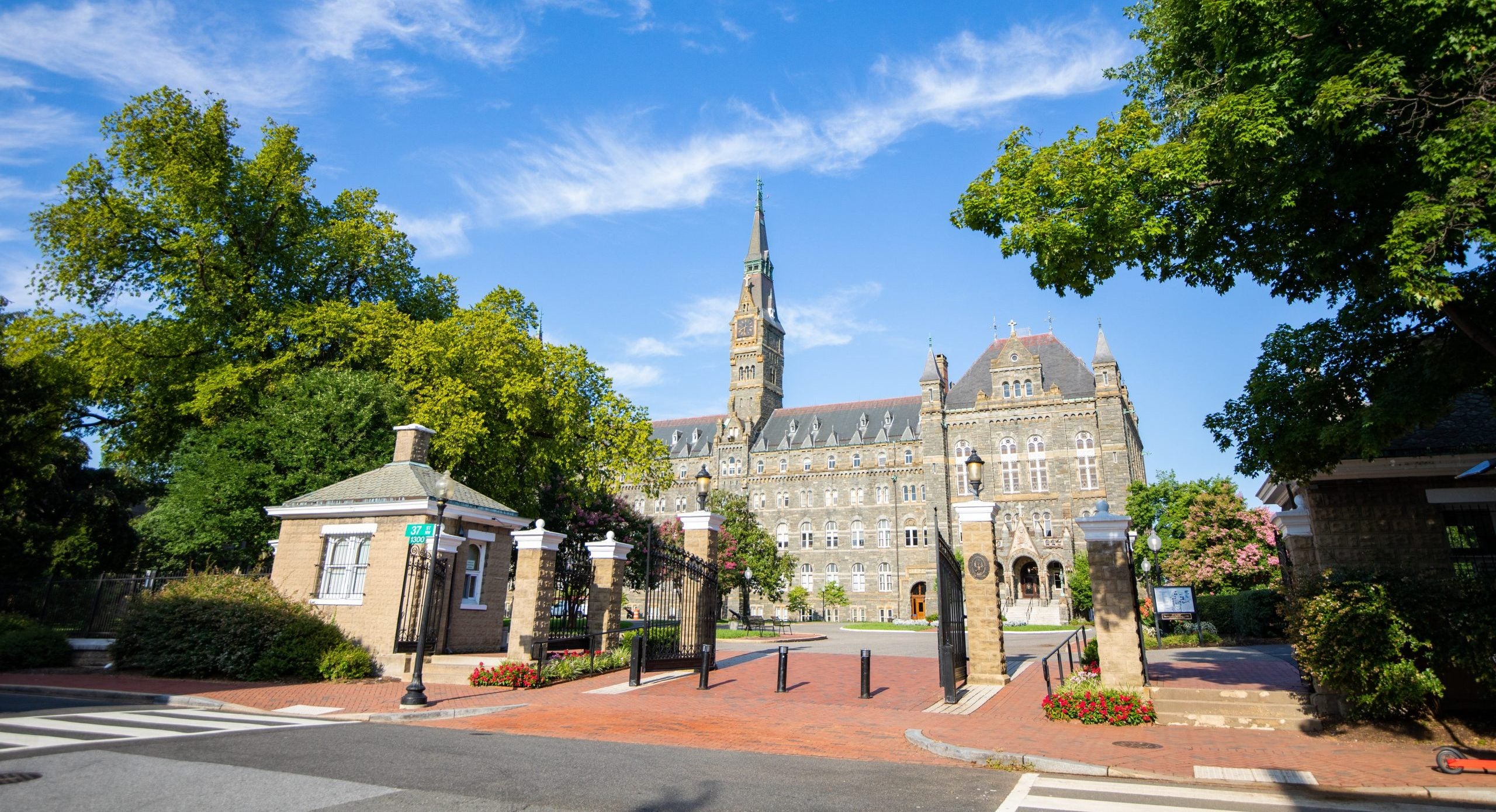 The entrance to Georgetown's campus on a sunny day