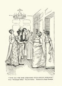A vintage illustration of a party scene from Jane Austen's book Northanger Abbey.  