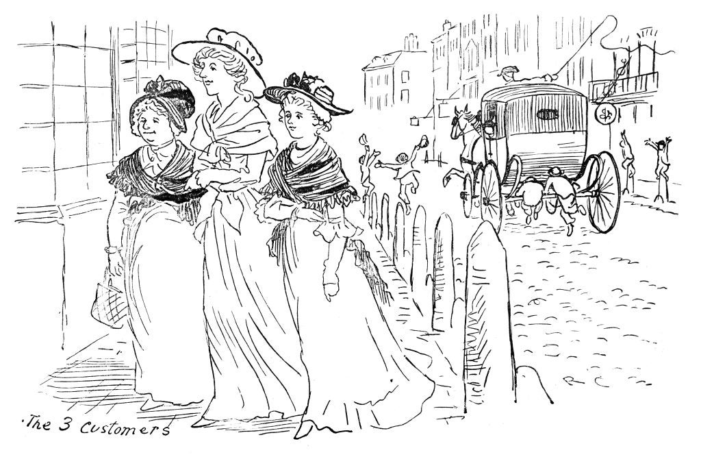 A vintage engraving from 1881 of women entering a shop off a high street.