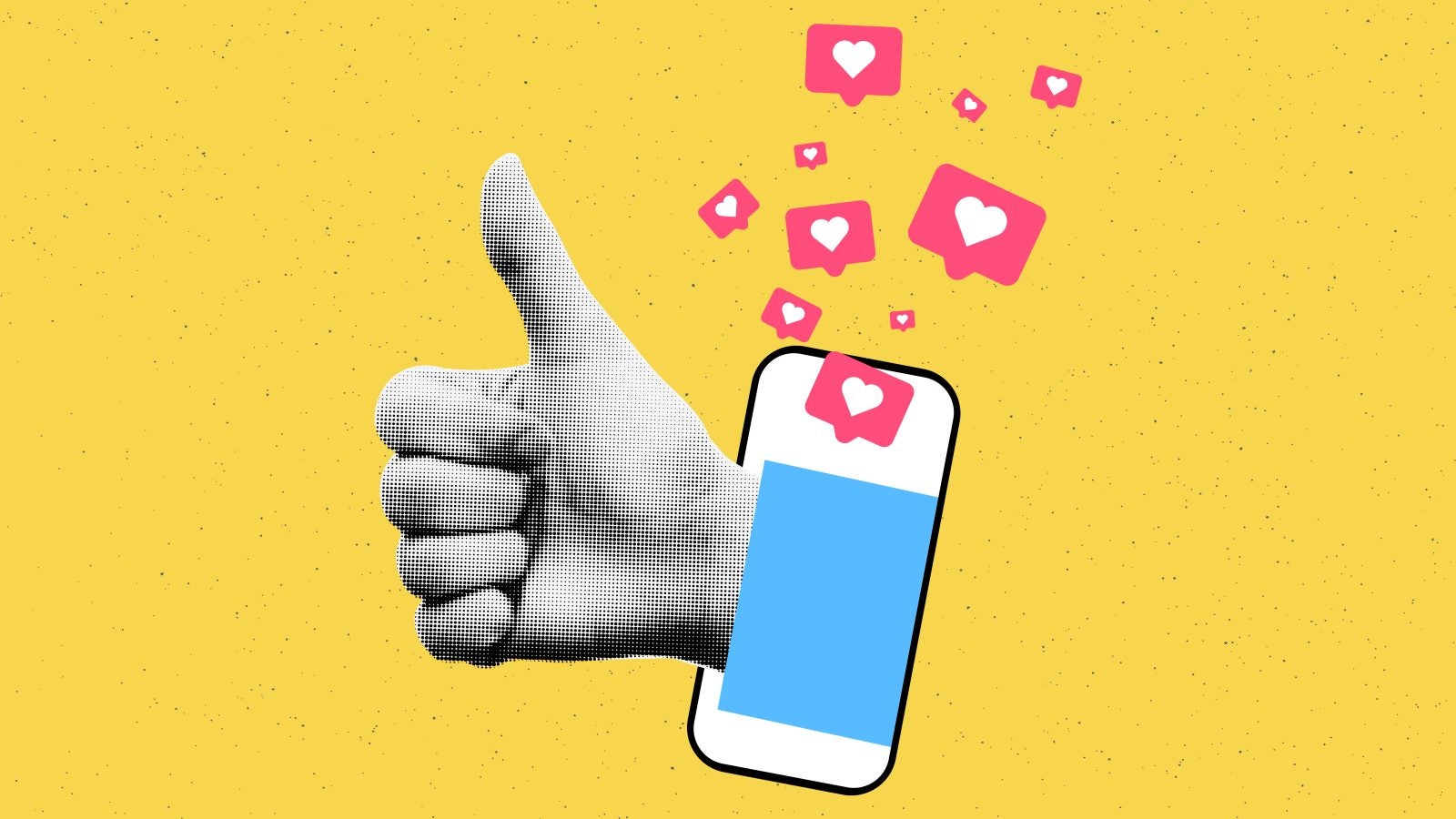 A yellow background with a hand signaling thumb-up next to a phone that&#039;s spurting &quot;like&quot; heart graphics out of it.