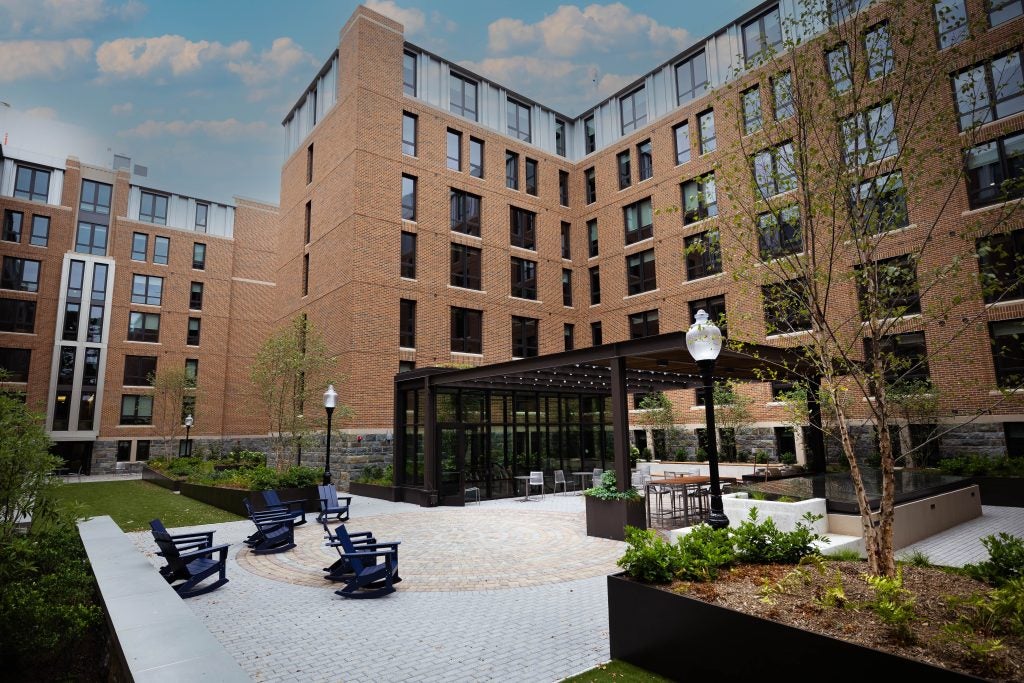 A courtyard outside a residence hall