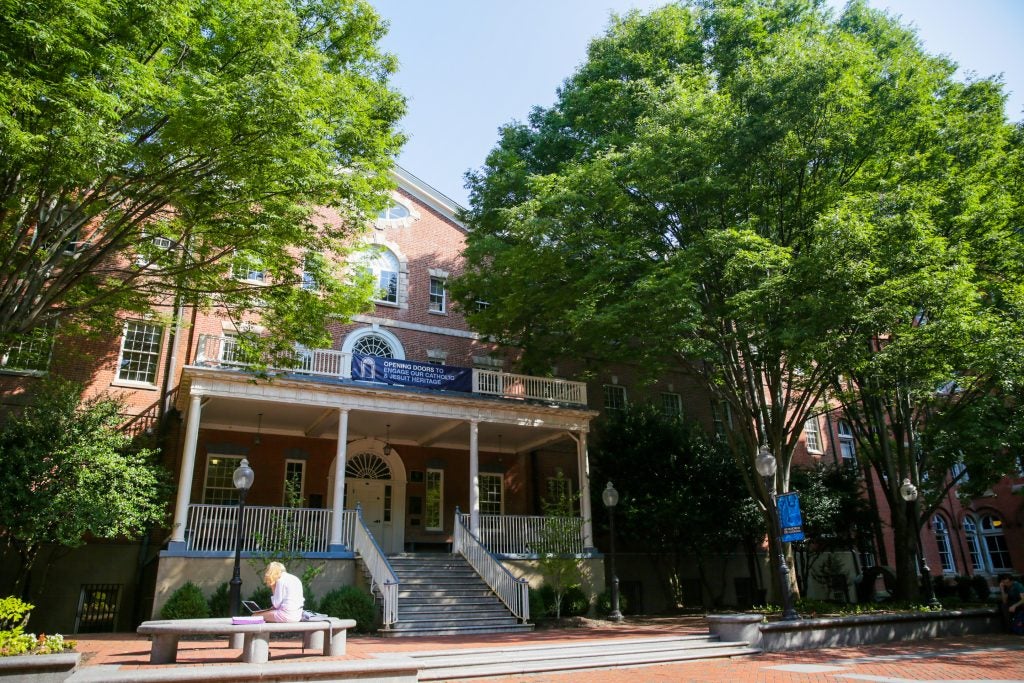 A historic building on Georgetown's campus in the summer