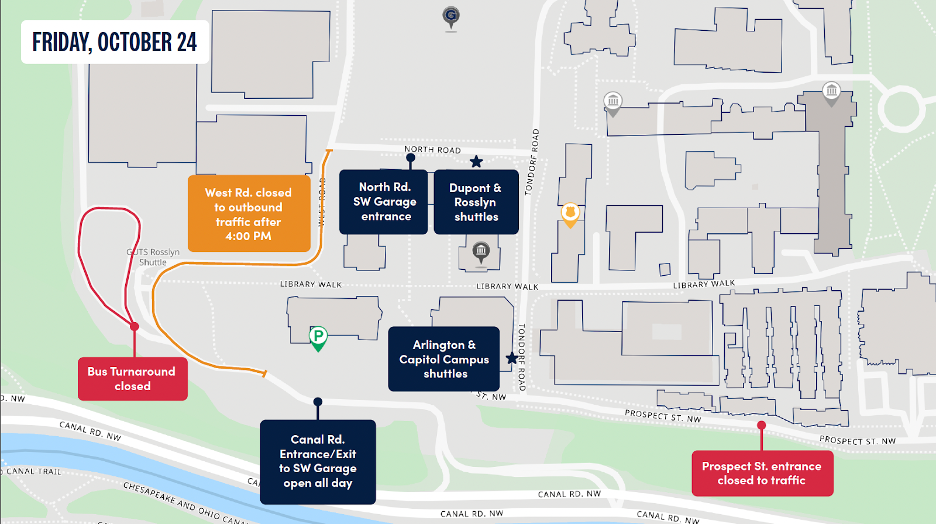 Map of Hilltop Campus traffic impacts during Bellringer weekend, on Friday, October 24.