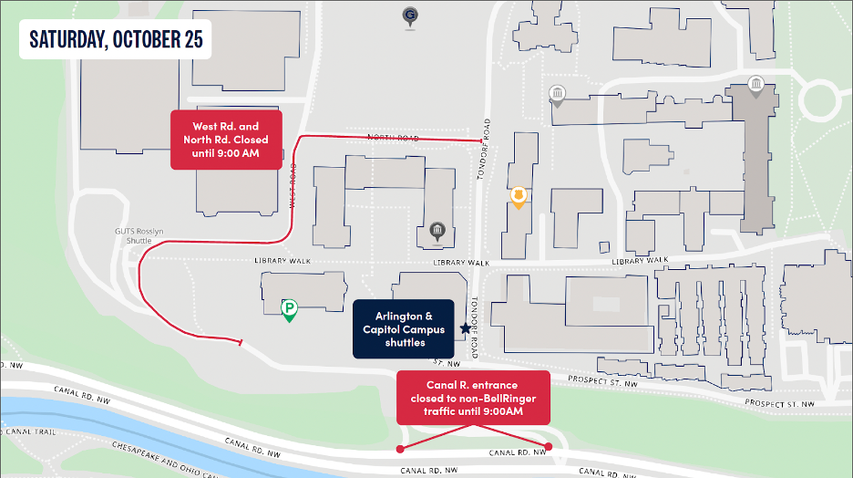 Map of Hilltop Campus traffic impacts during Bellringer weekend, on Saturday, October 25.