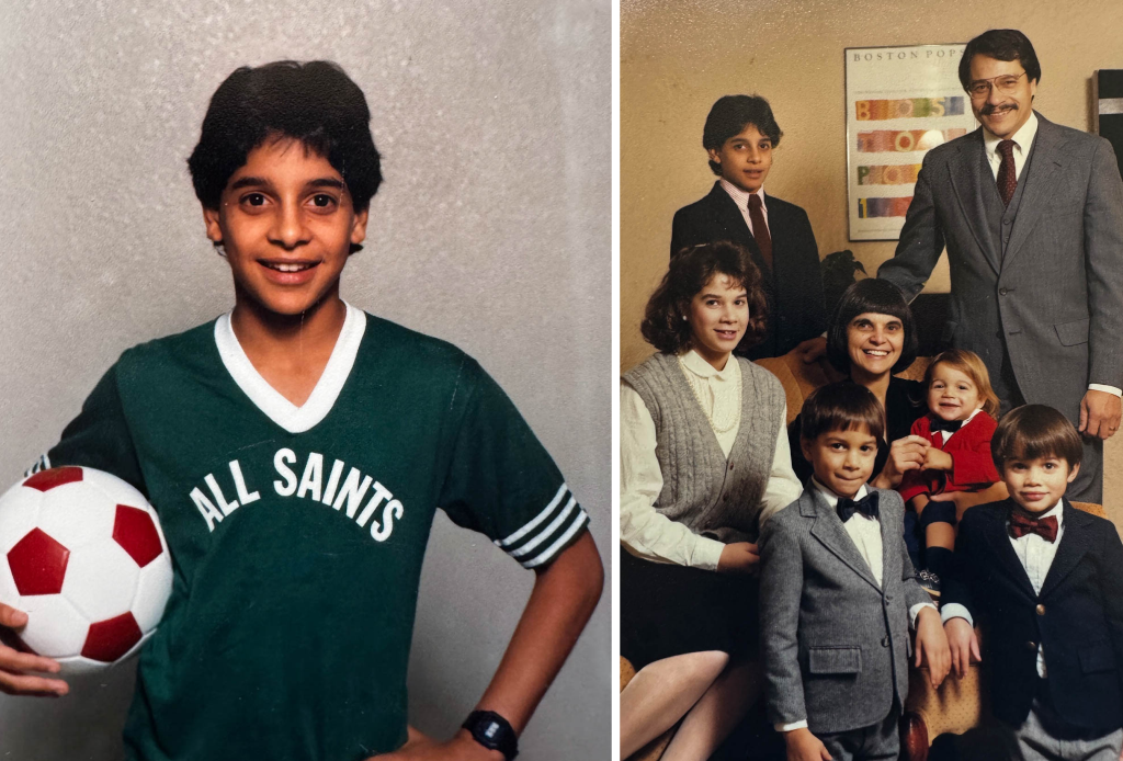 Two photos of Eduardo Peñalver. One as a young boy wearing a green jersey that says "All Saints" and another in a family photo