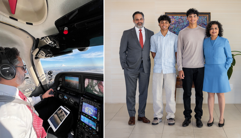 Two photos of Eduardo M. Peñalver flying (left) and with his wife and two sons (right)