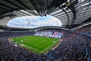 General view of the Etihad Stadium and the Crowd surfer flag prior to the Premier League match between Manchester City and Arsenal at the Etihad Stadium, Manchester, England. Sunday 31st March 2024. (Photo by Jon Buckle/Manchester City FC)