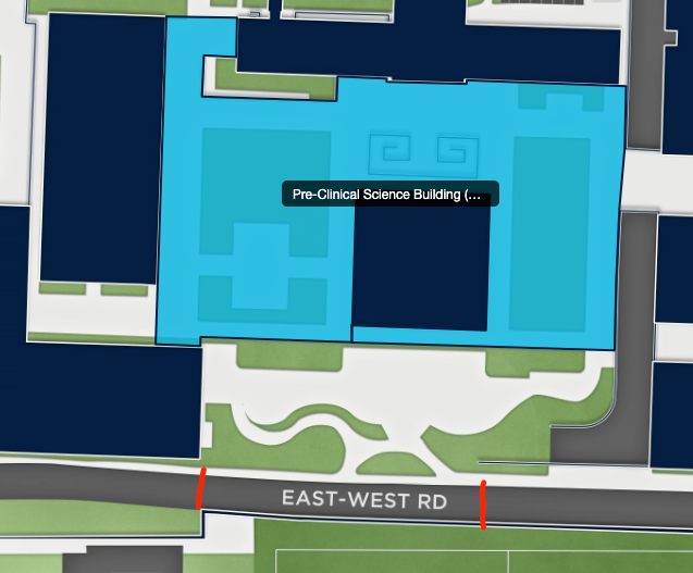 A section of East-West Road between the Pre-Clinical Science Building and Shaw Field is operating with only one lane open to support the delivery of the emergency generator.