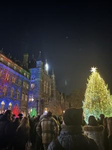 Christmas tree lit on Healy Lawn