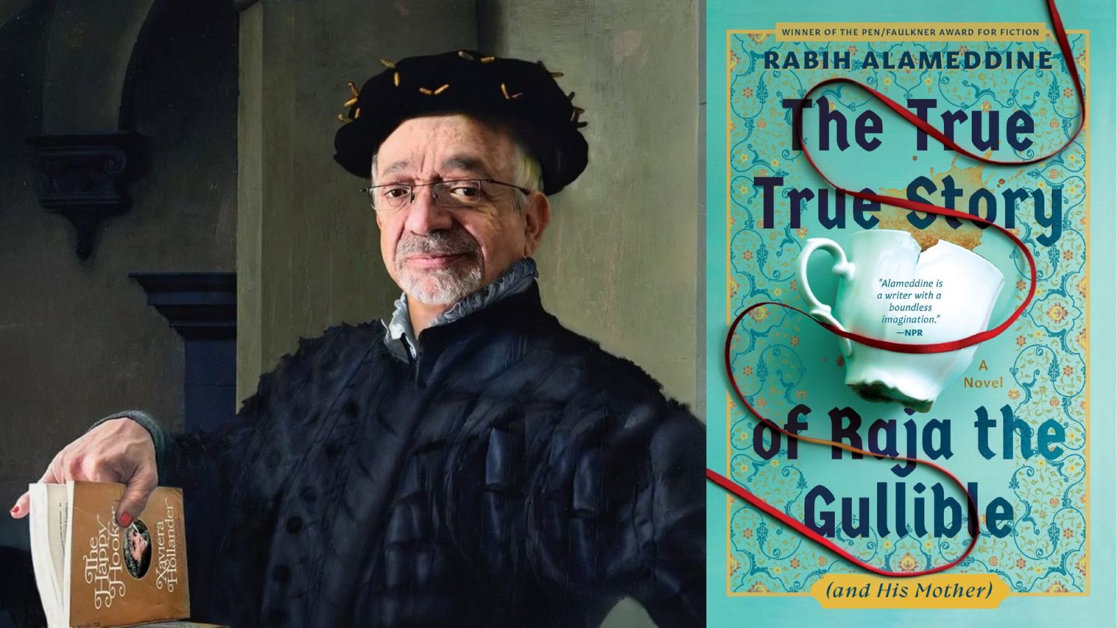 A book cover next to a professor with a hat and robe on.