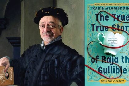 A book cover next to a professor with a hat and robe on.