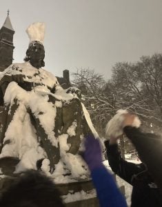A snowy statue at Georgetown